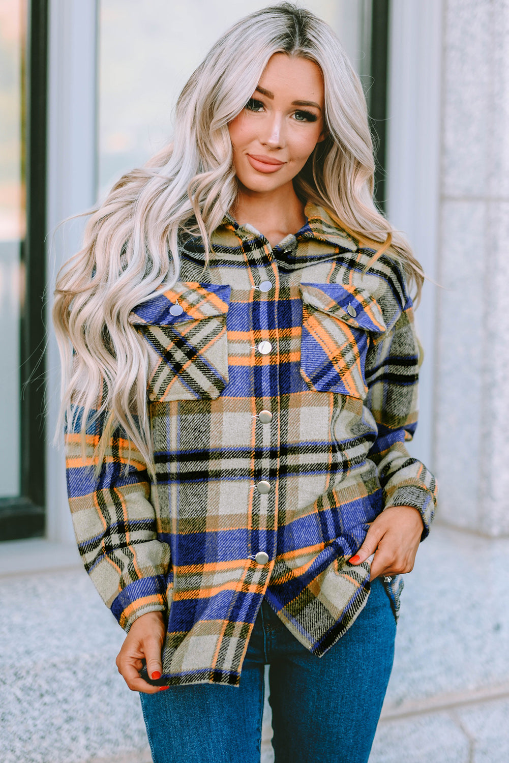 Geometric plaid print pocketed shacket featuring an oversized design, button front, and large front pockets, perfect for chilly weather.