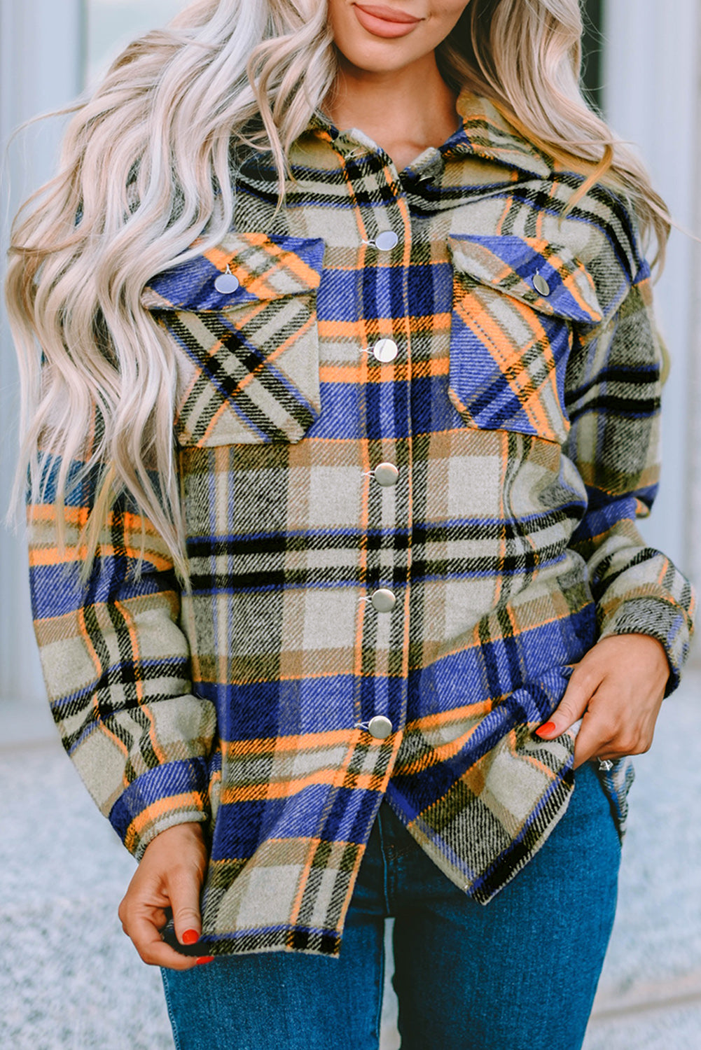 Geometric plaid print pocketed shacket featuring an oversized design, button front, and large front pockets, perfect for chilly weather.