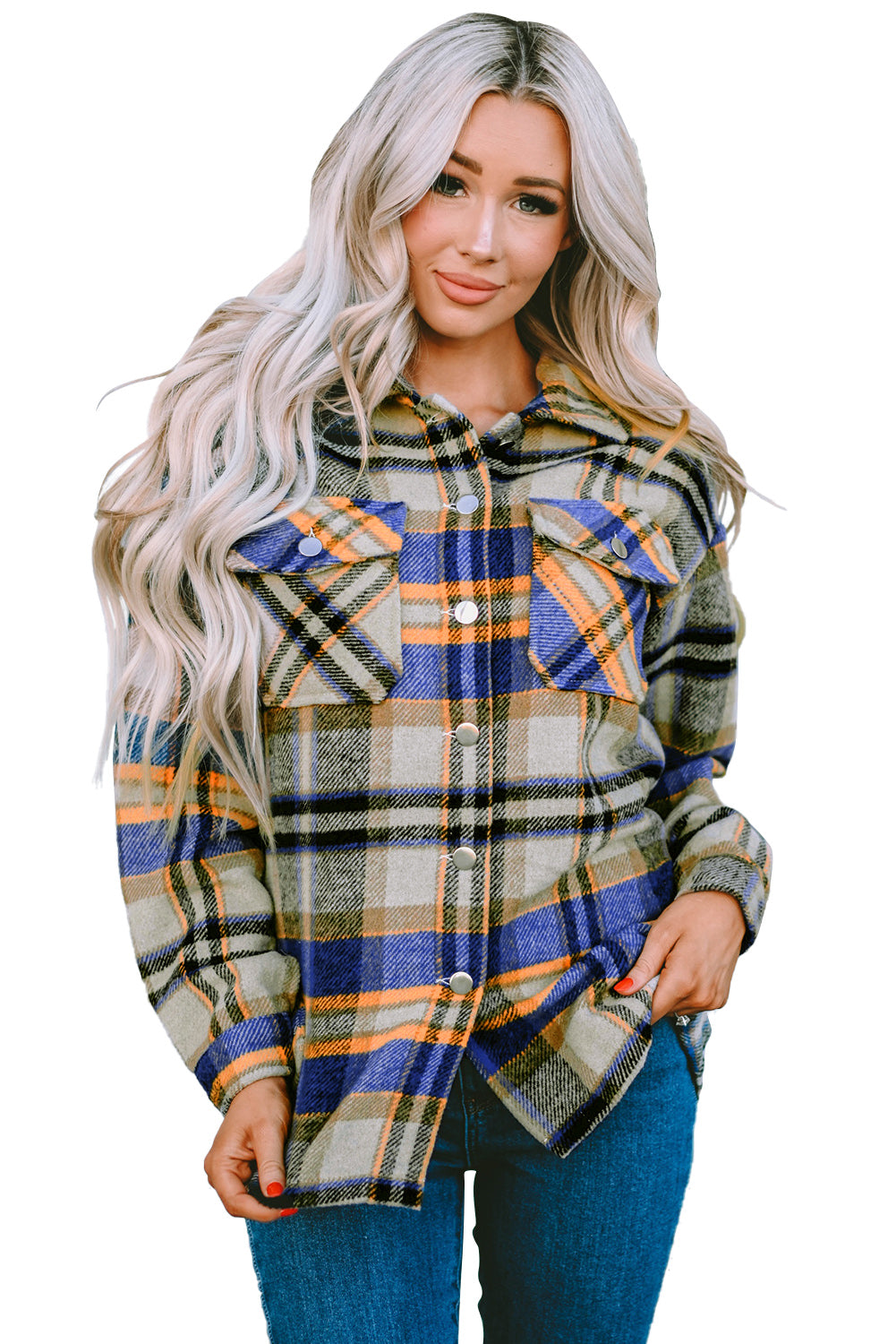 Geometric plaid print pocketed shacket featuring an oversized design, button front, and large front pockets, perfect for chilly weather.