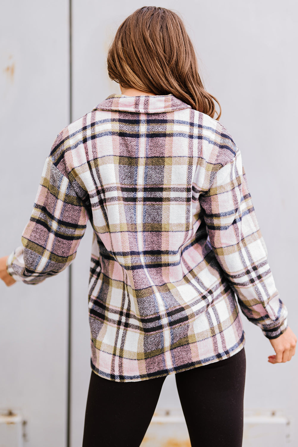 Geometric plaid print pocketed shacket featuring an oversized design, button front, and large front pockets, perfect for chilly weather.