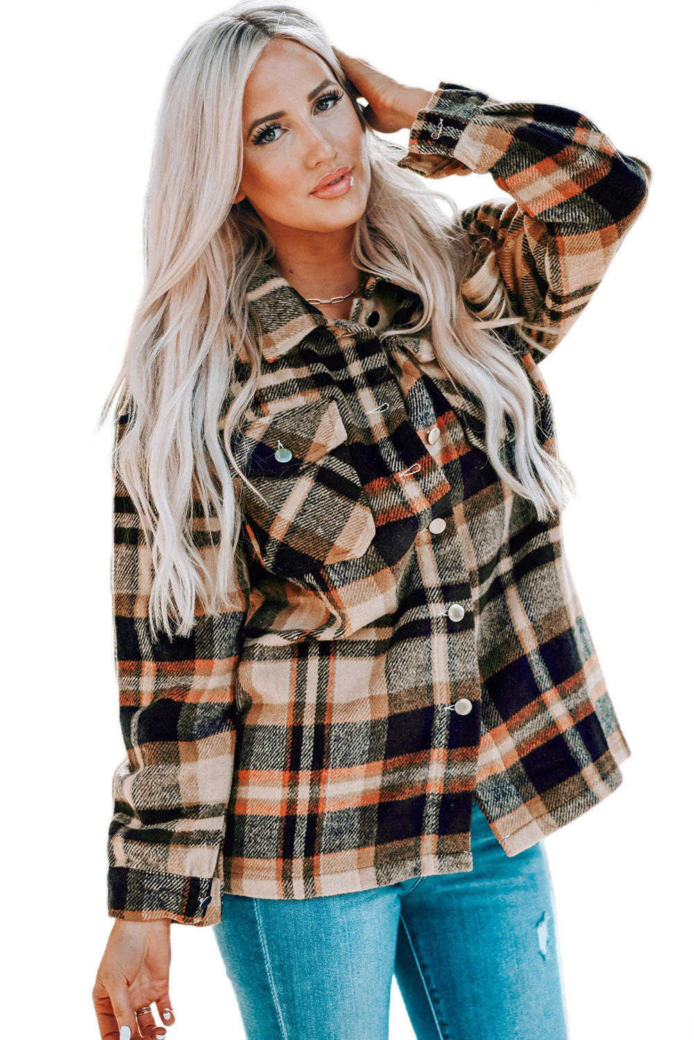 Geometric plaid print pocketed shacket featuring an oversized design, button front, and large front pockets, perfect for chilly weather.