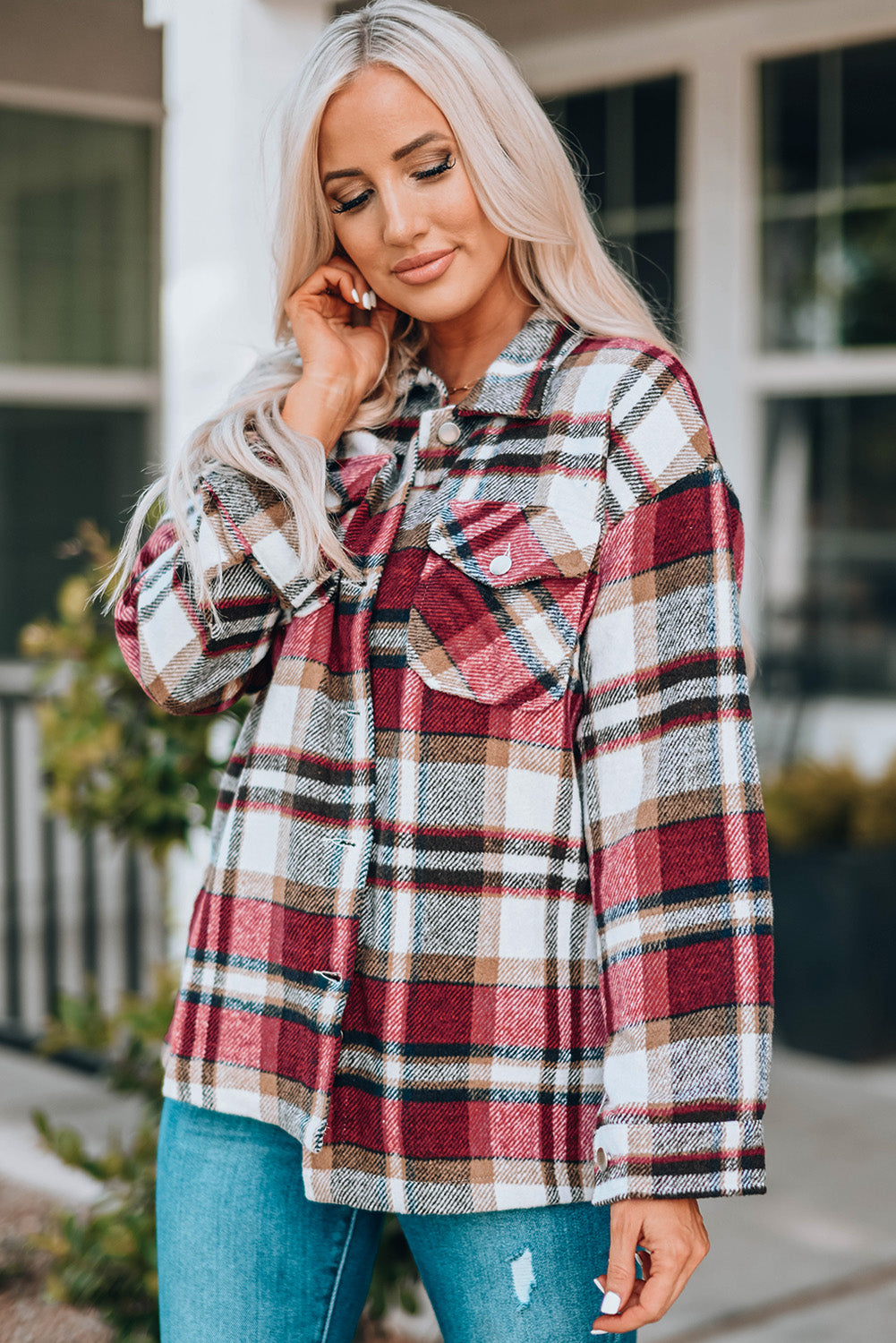 Geometric plaid print pocketed shacket featuring an oversized design, button front, and large front pockets, perfect for chilly weather.