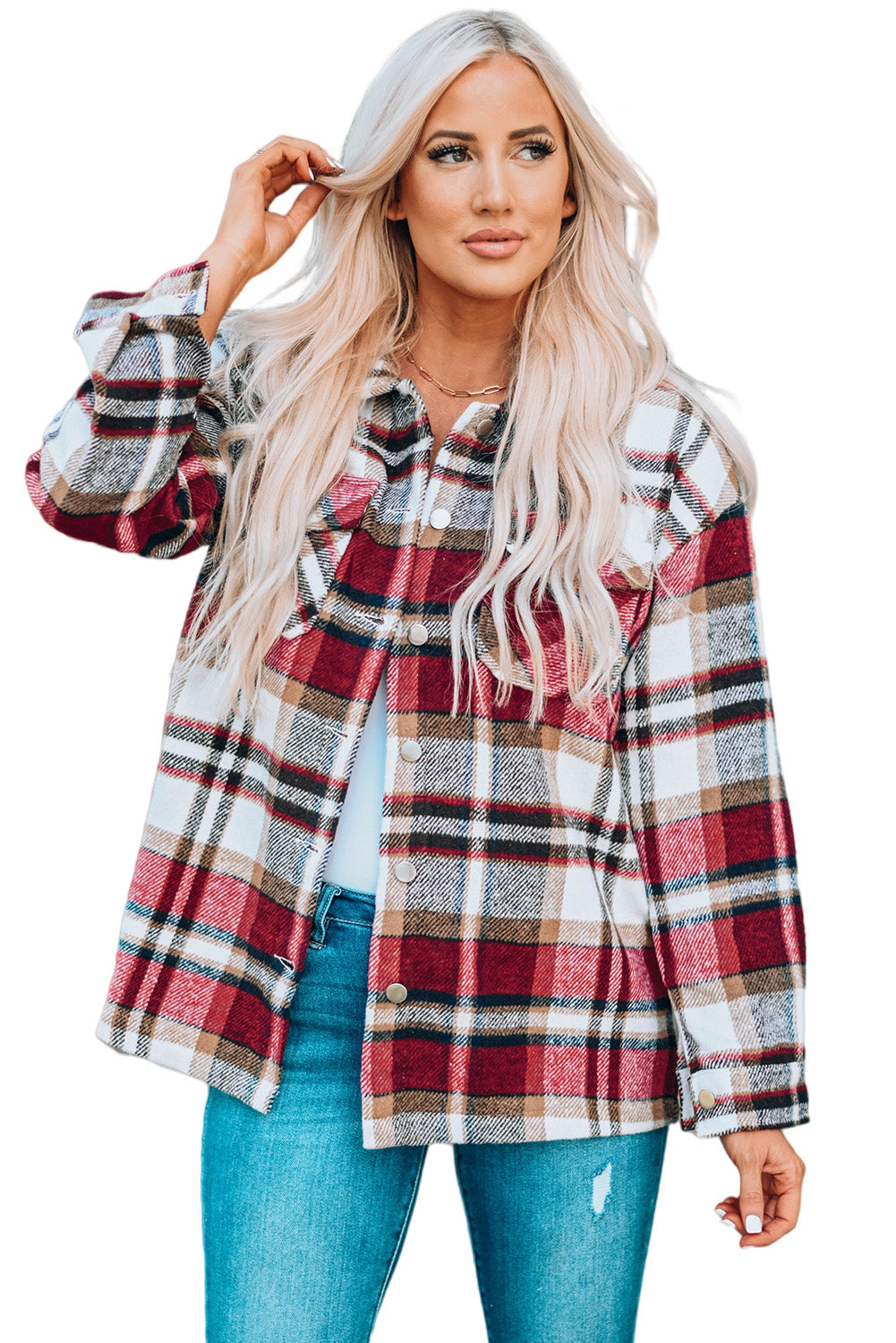 Geometric plaid print pocketed shacket featuring an oversized design, button front, and large front pockets, perfect for chilly weather.