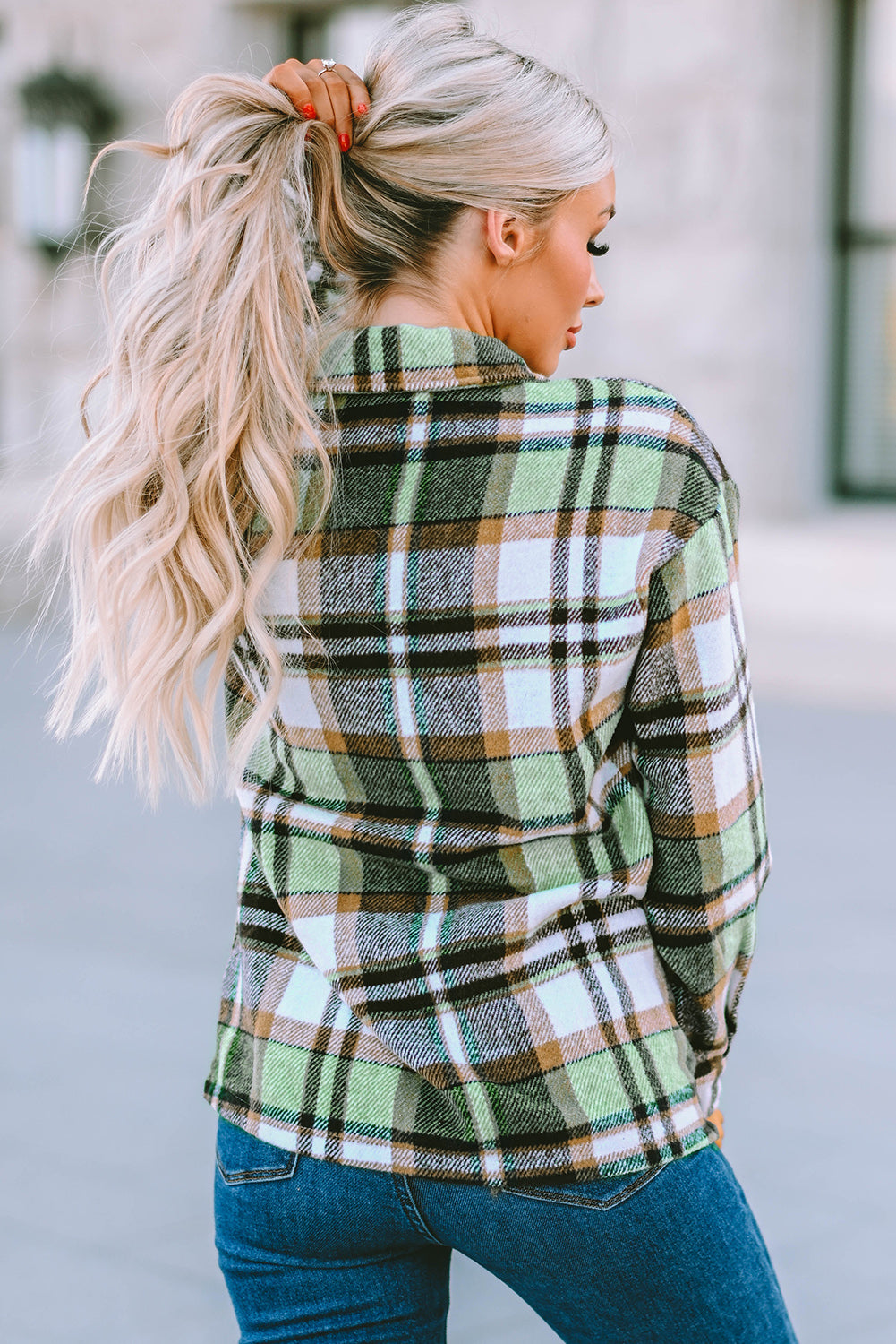 Geometric plaid print pocketed shacket featuring an oversized design, button front, and large front pockets, perfect for chilly weather.