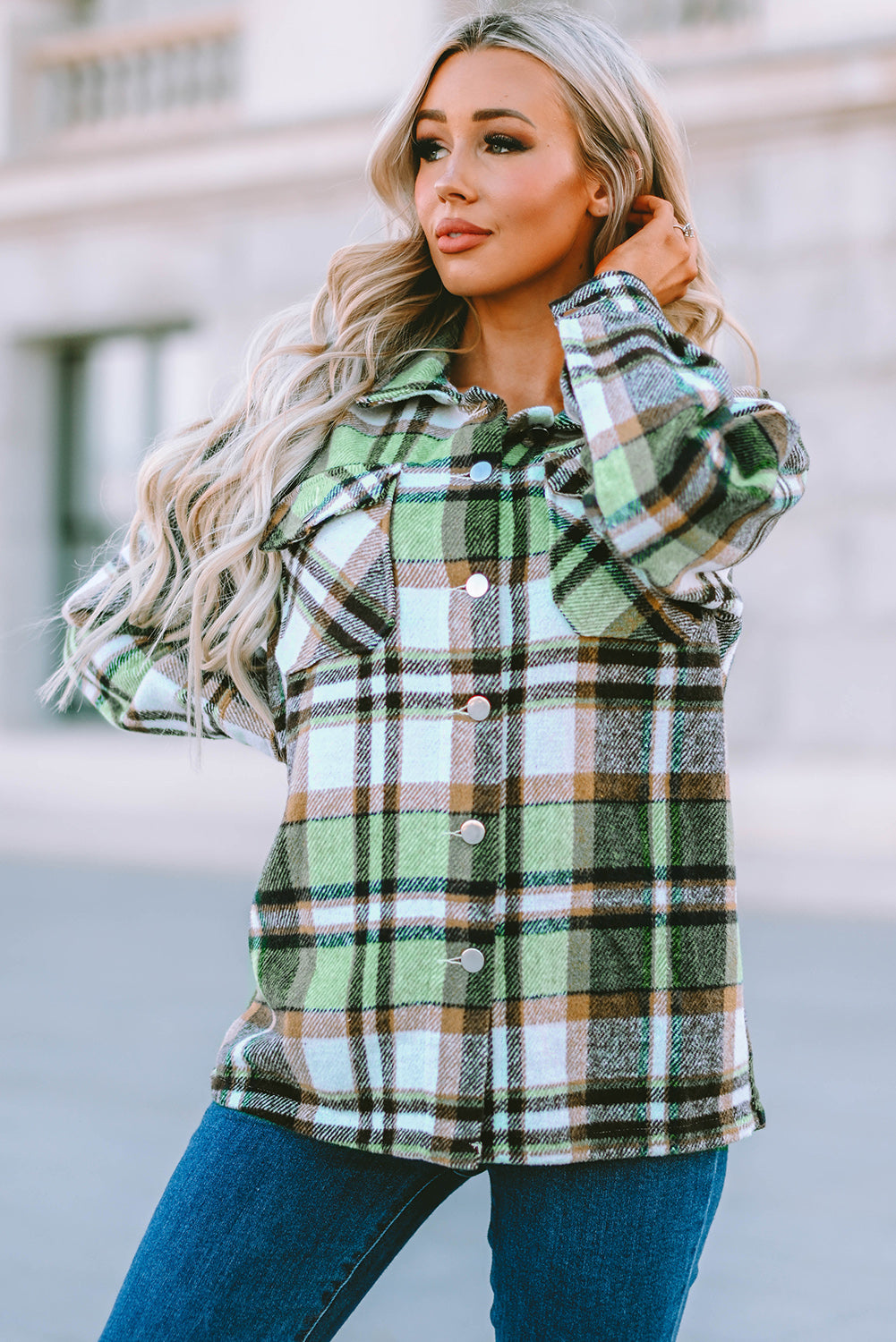 Geometric plaid print pocketed shacket featuring an oversized design, button front, and large front pockets, perfect for chilly weather.