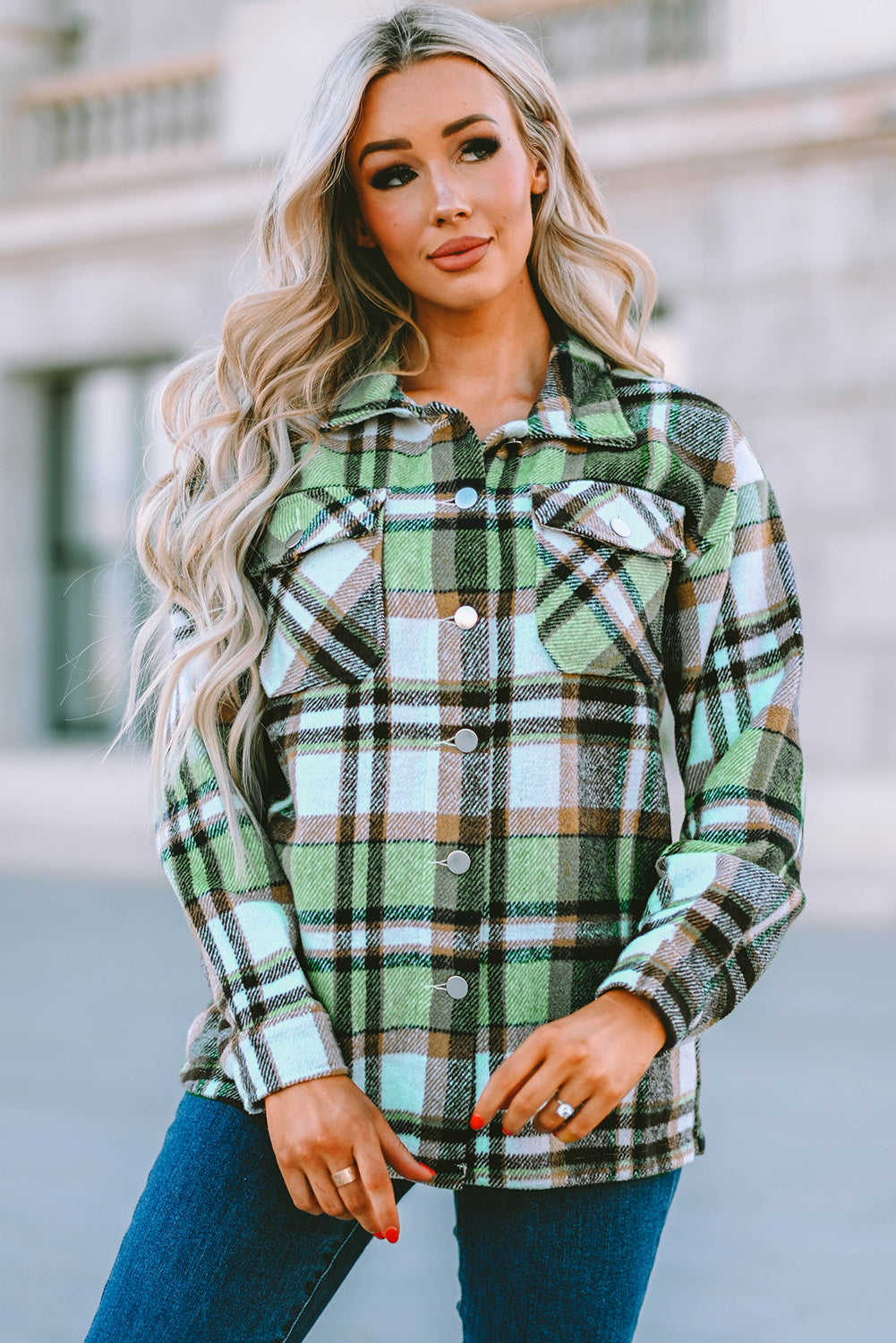 Geometric plaid print pocketed shacket featuring an oversized design, button front, and large front pockets, perfect for chilly weather.