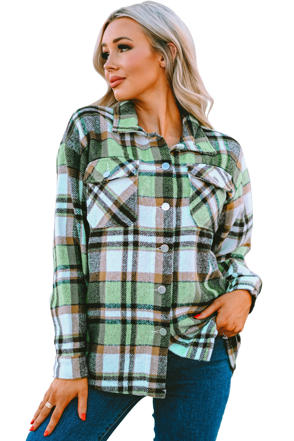 Geometric plaid print pocketed shacket featuring an oversized design, button front, and large front pockets, perfect for chilly weather.