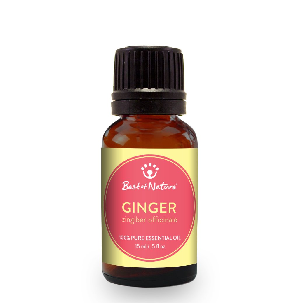 A bottle of 100% pure ginger essential oil with a warm, spicy aroma, surrounded by fresh ginger roots.