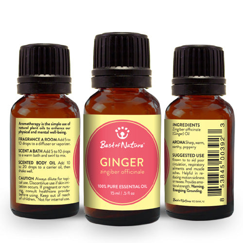 A bottle of 100% pure ginger essential oil with a warm, spicy aroma, surrounded by fresh ginger roots.