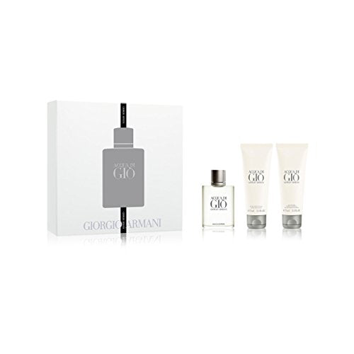 Giorgio Armani Acqua Di Gio Gift Set featuring 50ml EDT, 75ml shower gel, and 75ml aftershave balm in elegant packaging.