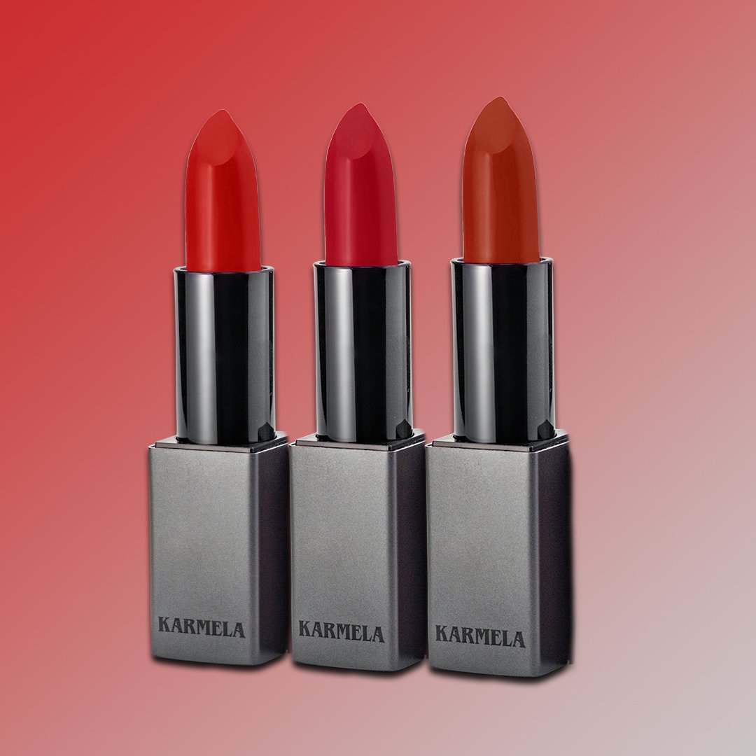 NEDA Matte Lipstick Collection featuring three vibrant red shades: Passion, High-Vibe, and Allure, elegantly packaged.