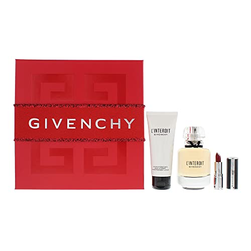 Givenchy L'Interdit Gift Set featuring 80ml EDP, 75ml body lotion, and 1.5g Le Rouge lipstick in elegant packaging.