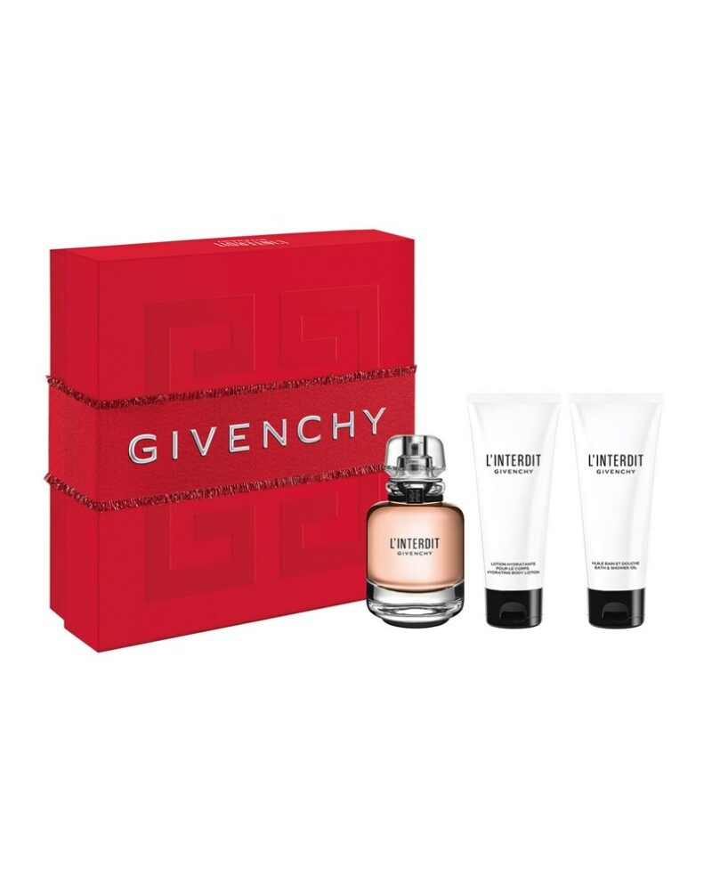 Givenchy L'Interdit Gift Set featuring 80ml EDP, 75ml shower gel, and 75ml body lotion in elegant packaging.