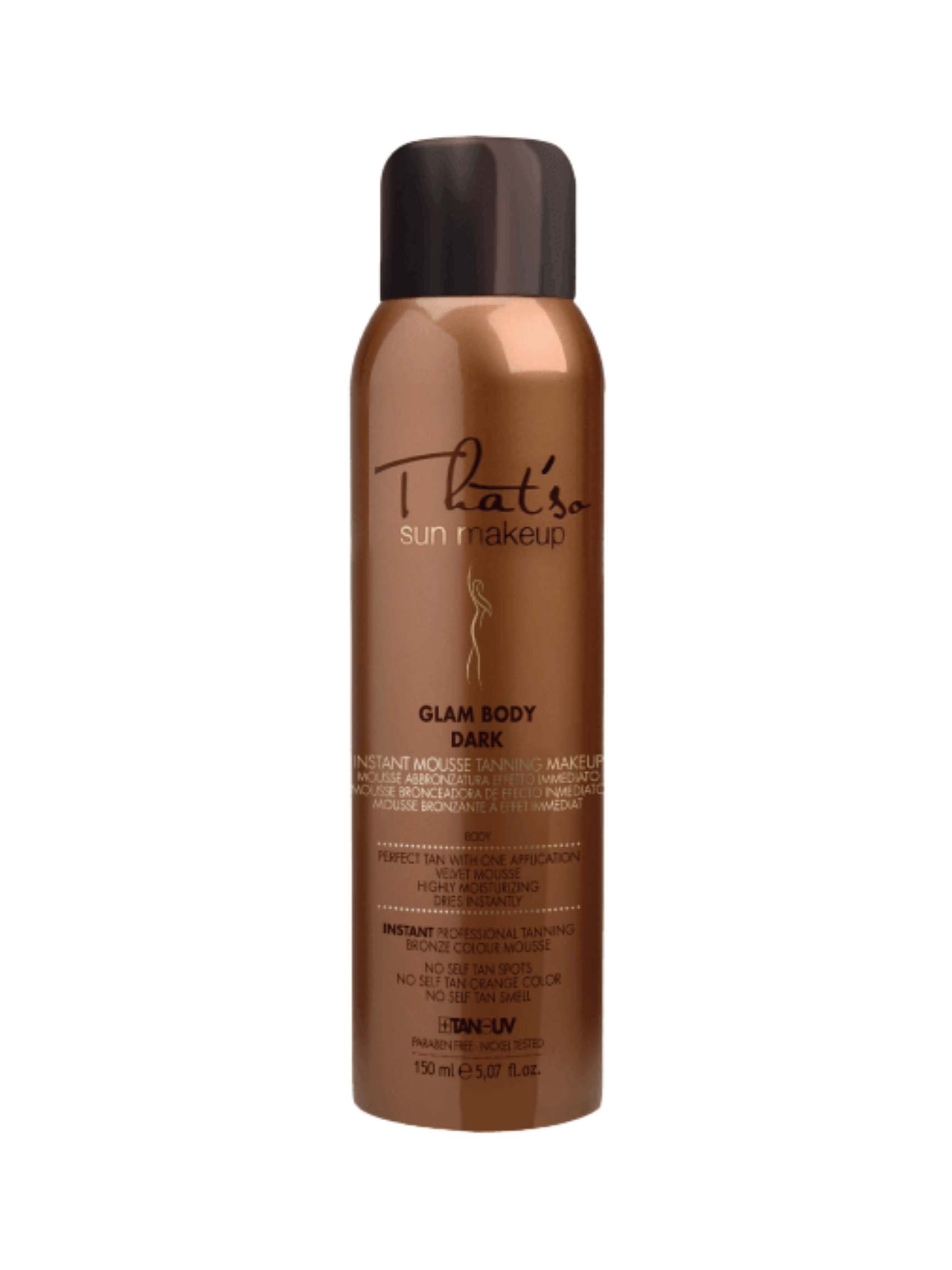 Glam Body Mousse by That’s So Sun Make-Up in a sleek bottle, showcasing its rich bronze color and luxurious packaging.