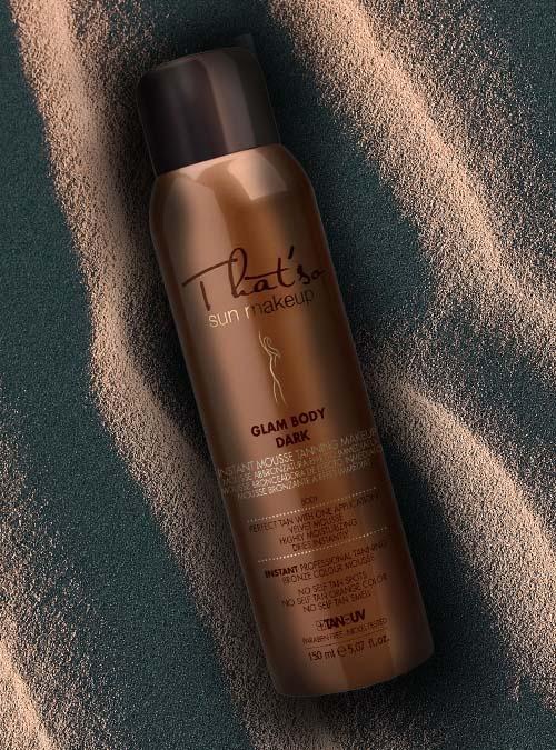 Glam Body Mousse by That’s So Sun Make-Up in a sleek bottle, showcasing its rich bronze color and luxurious packaging.