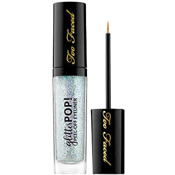 Too Faced Glitter Pop Peel Off Eyeliner in Glitter Ghost showcasing its vibrant glittery finish in a sleek applicator.