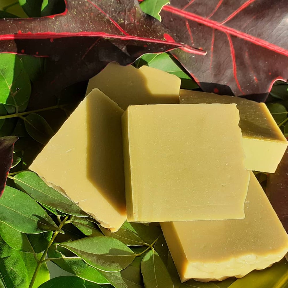 Glory Cedar Bath Soap bar with natural cedar plant background, showcasing its organic ingredients and soothing properties.