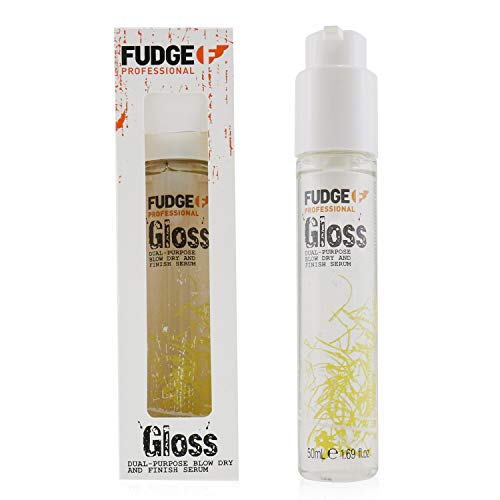 Fudge Gloss Dual-Purpose Blow-Dry and Finish Serum bottle with sleek design, showcasing its professional hair care benefits.