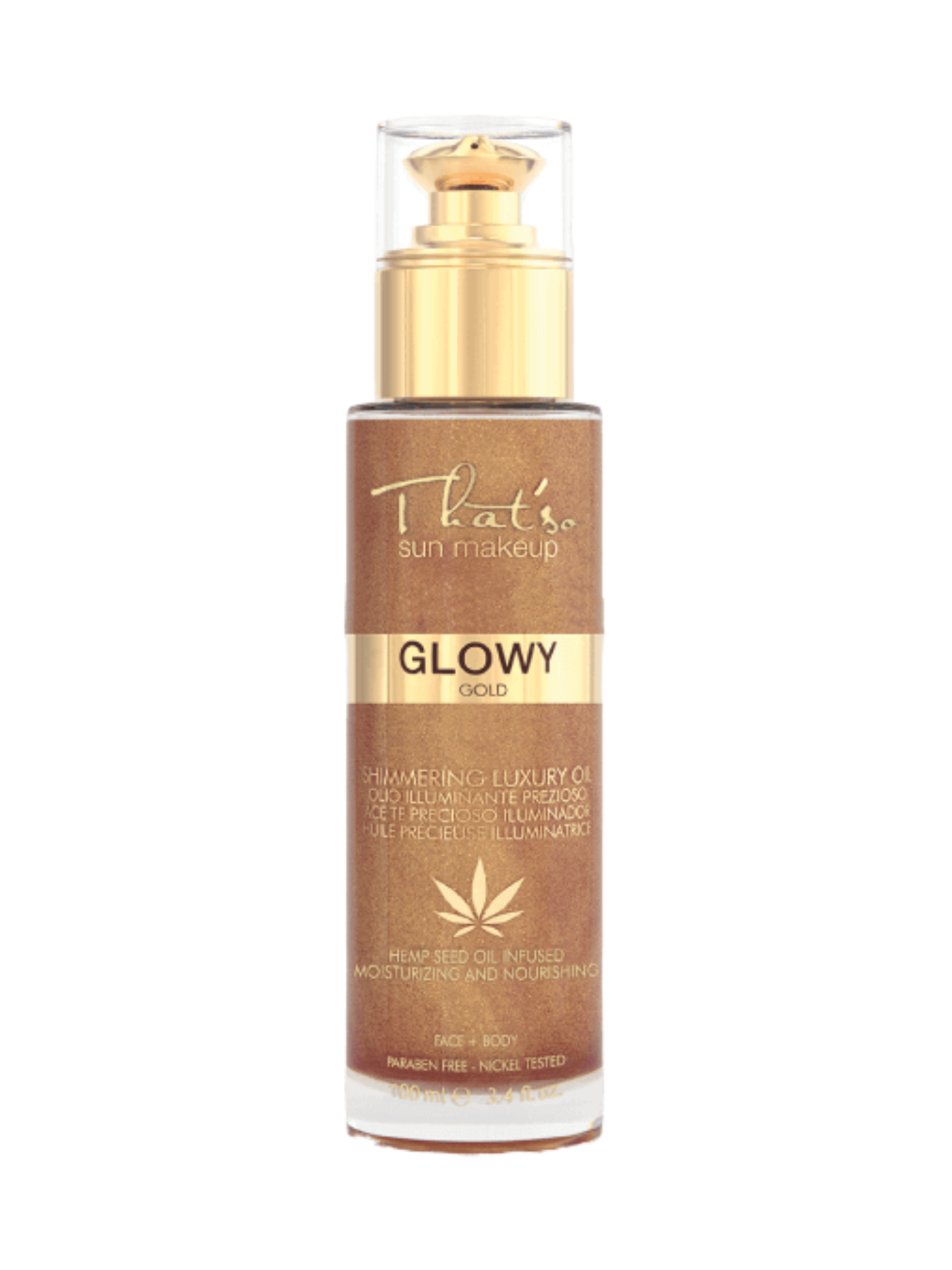 Glowy Gold luminous oil bottle with shimmering particles, showcasing its radiant and moisturizing properties.