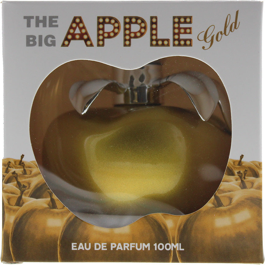 Gold Apple Eau de Parfum bottle with elegant design, showcasing its luxurious fragrance inspired by the Big Apple.