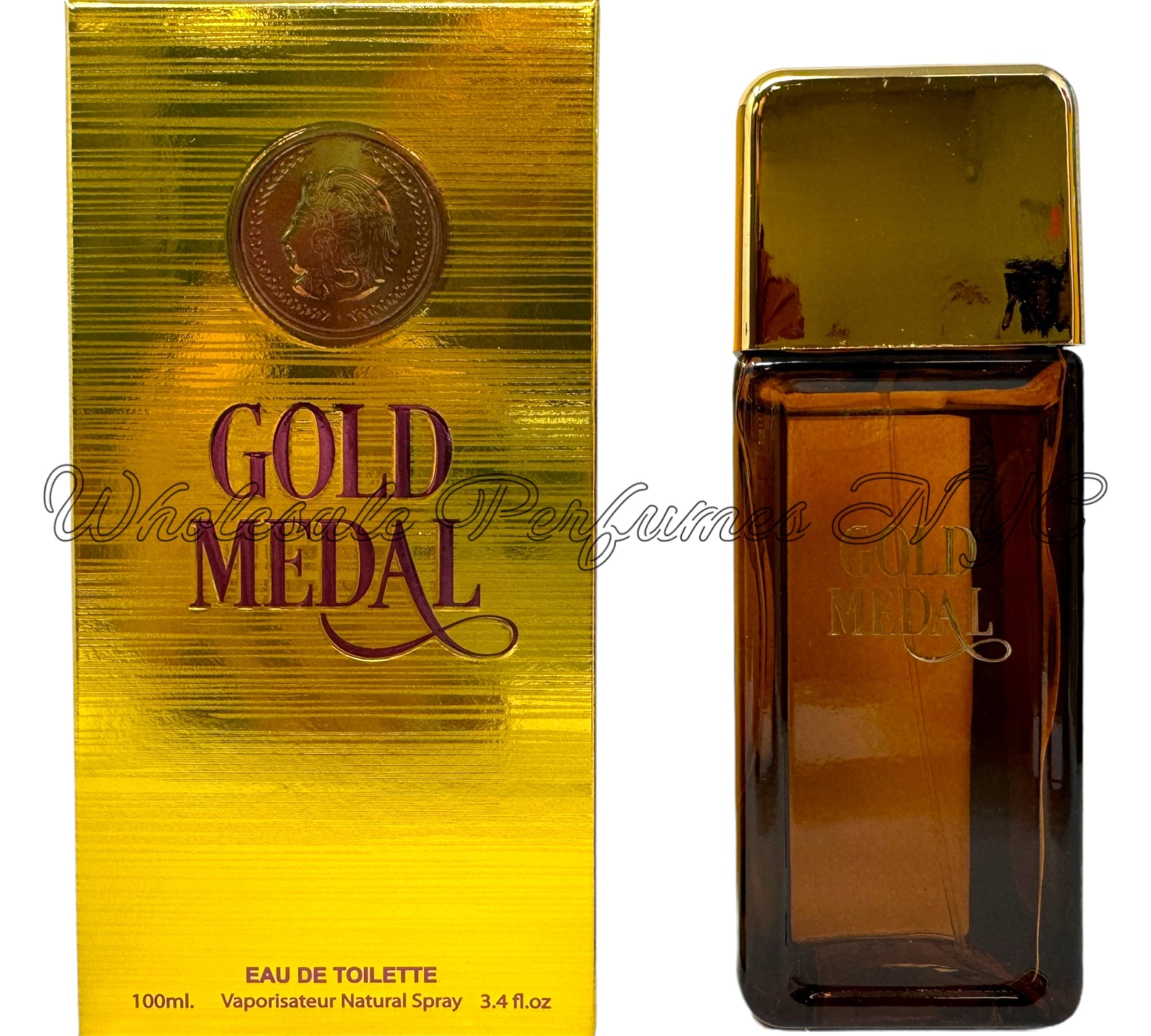 Gold Medal for Men Eau de Toilette Spray 3.4oz by MCH Beauty, featuring a sleek bottle design.