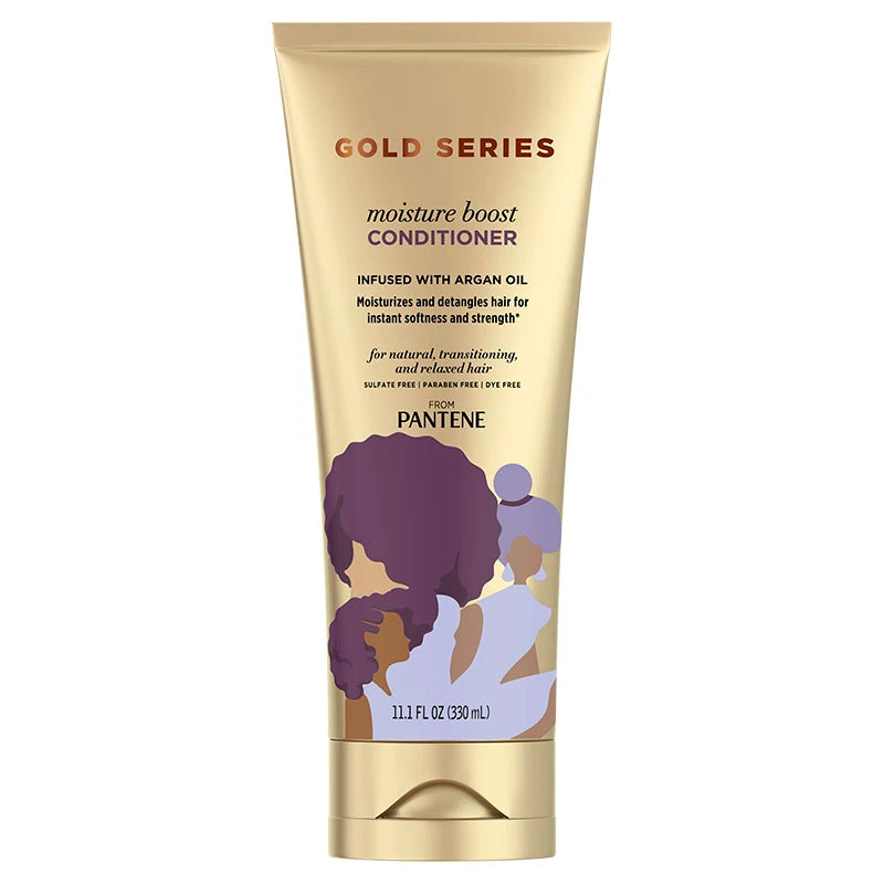 Pantene Gold Series Moisture Boost Conditioner 11.1 oz bottle with a sleek design, showcasing its luxurious formula enriched with argan oil.