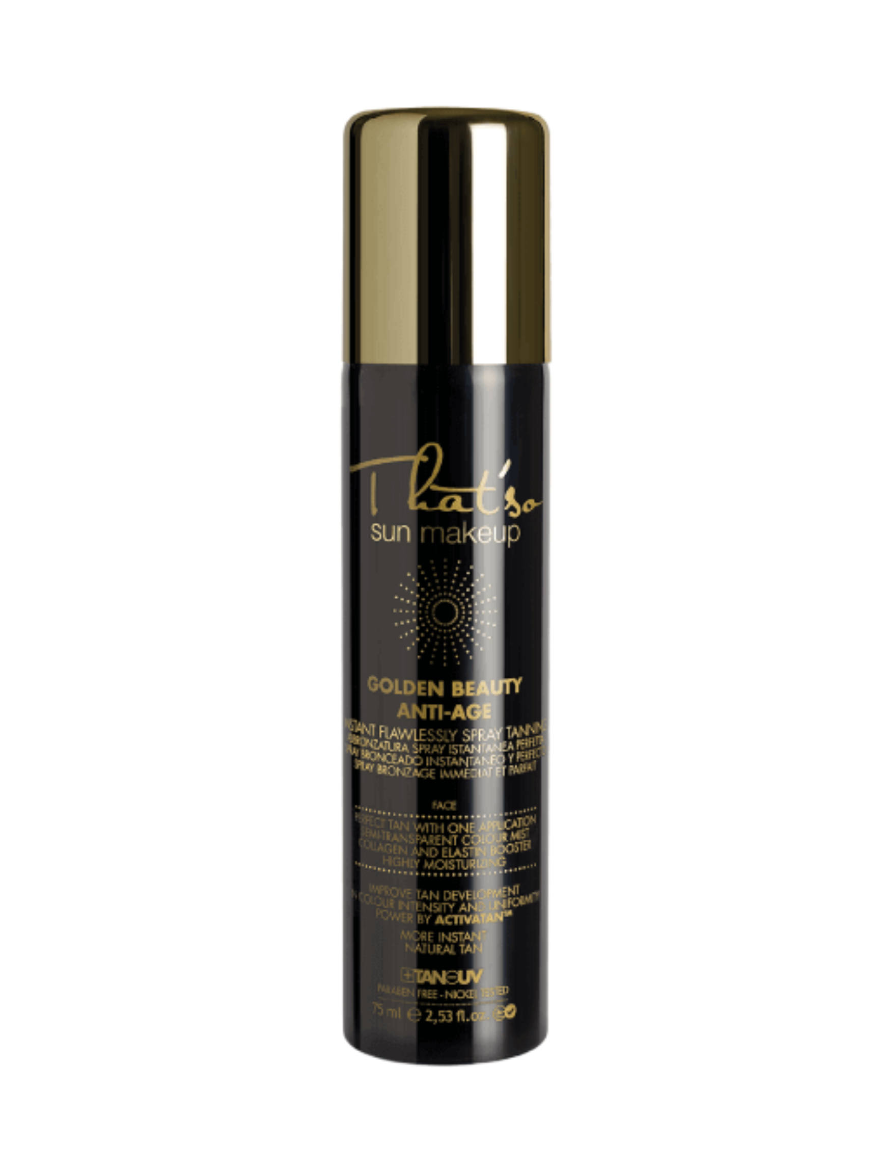 Golden Beauty tanning spray bottle with a sleek design, showcasing its moisturizing and anti-aging properties.