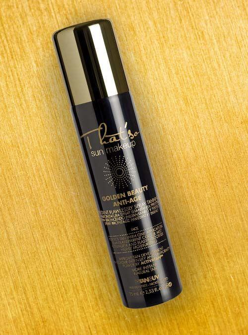 Golden Beauty tanning spray bottle with a sleek design, showcasing its moisturizing and anti-aging properties.