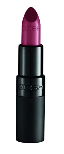 GOSH Velvet Touch Lipstick in shade 160 Delicious, showcasing its vibrant color and sleek packaging.