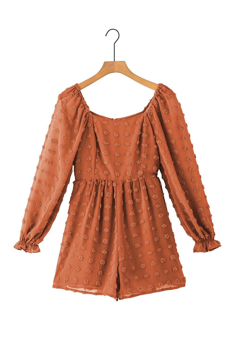 Grapefruit orange swiss dot romper with flounced bubble sleeves and square neck, showcasing a flowy fit silhouette.