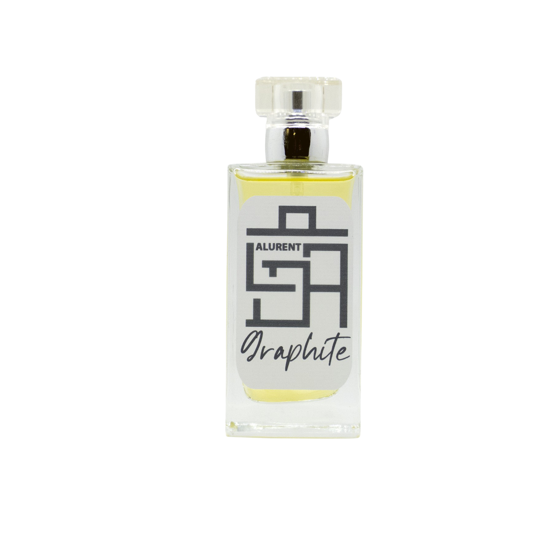 A sleek glass bottle of Graphite fragrance, showcasing its modern design and eco-friendly packaging.