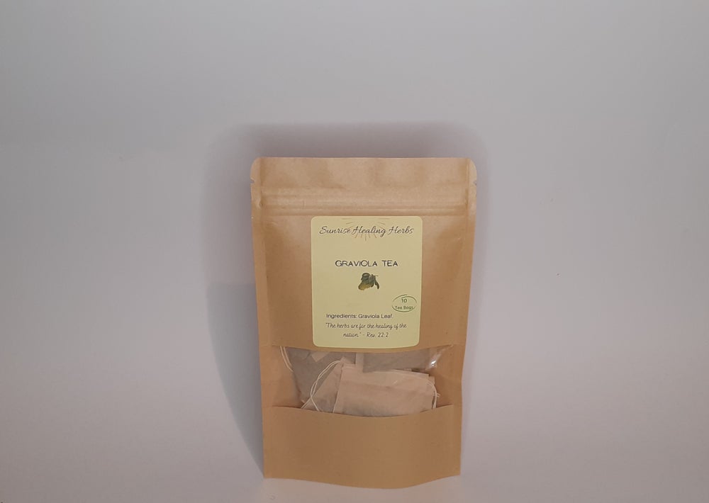 A packet of Sunrise Healing Herbs Graviola Tea with eco-friendly tea bags, showcasing the calming and refreshing herbal beverage.