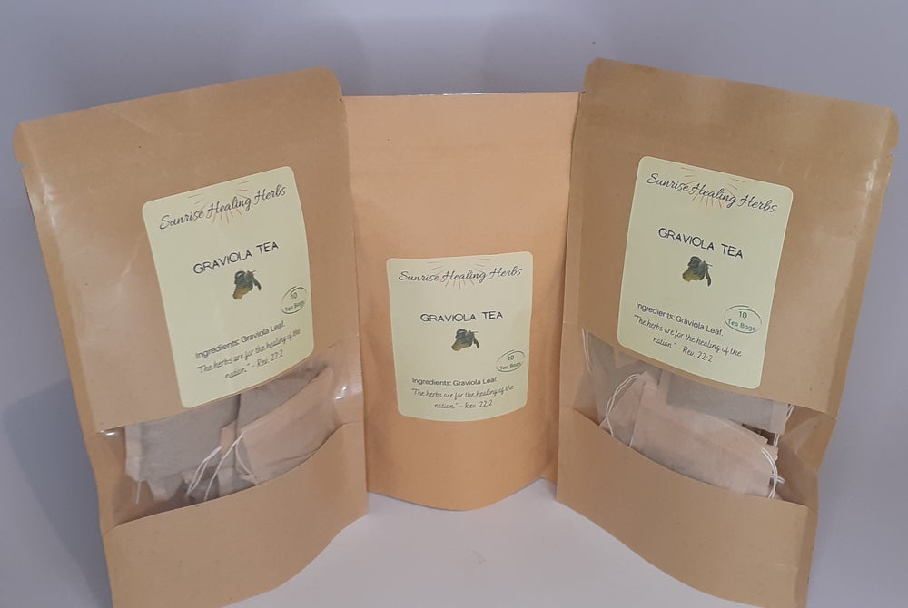 A packet of Sunrise Healing Herbs Graviola Tea with eco-friendly tea bags, showcasing the calming and refreshing herbal beverage.