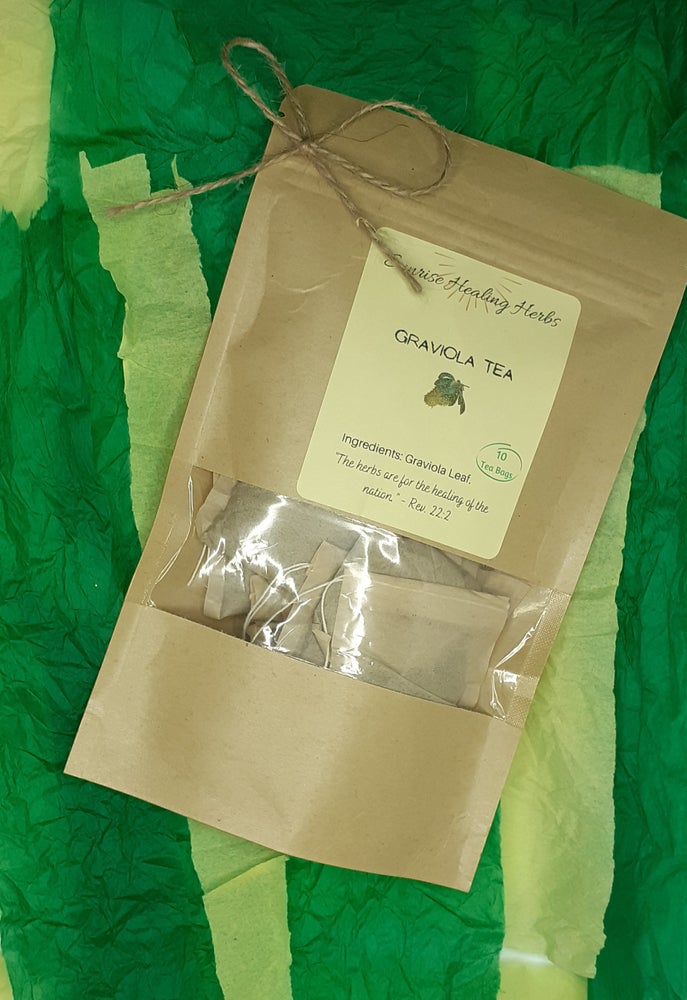 A packet of Sunrise Healing Herbs Graviola Tea with eco-friendly tea bags, showcasing the calming and refreshing herbal beverage.