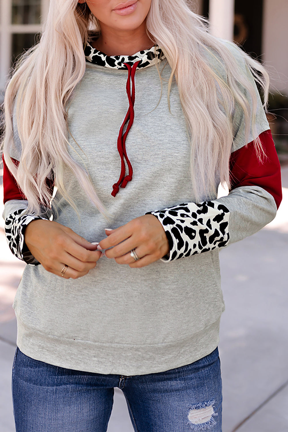 Gray sweatshirt featuring a leopard cowl neck design, drop shoulder, and splicing sleeves with animal print cuffs, perfect for casual wear.