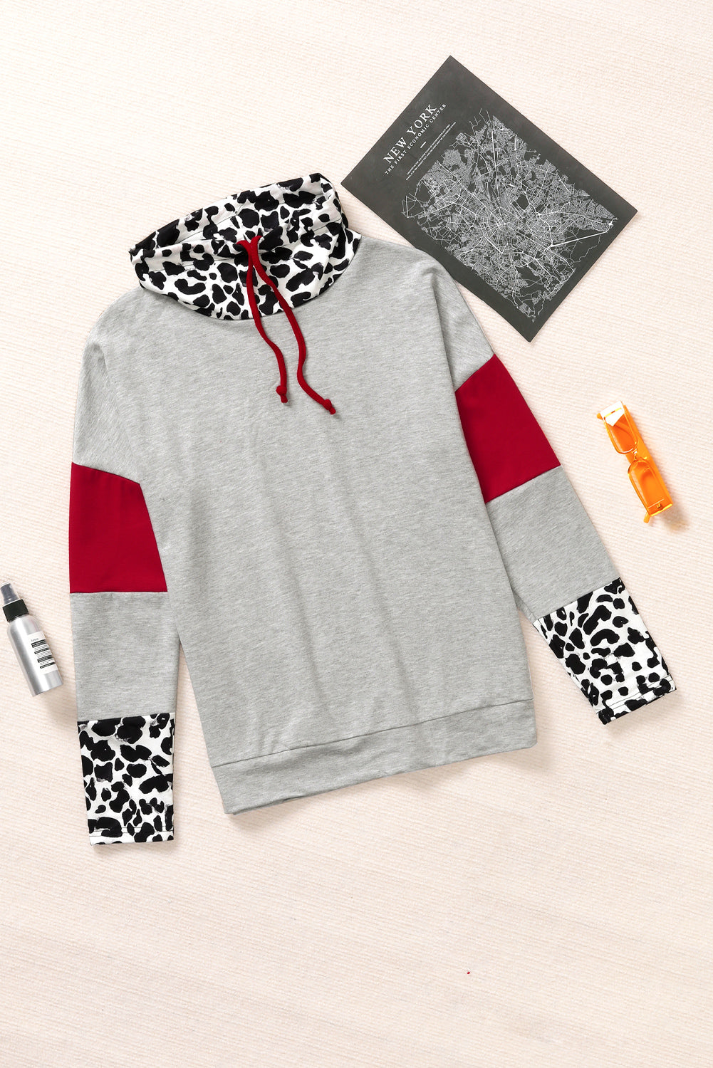 Gray sweatshirt featuring a leopard cowl neck design, drop shoulder, and splicing sleeves with animal print cuffs, perfect for casual wear.