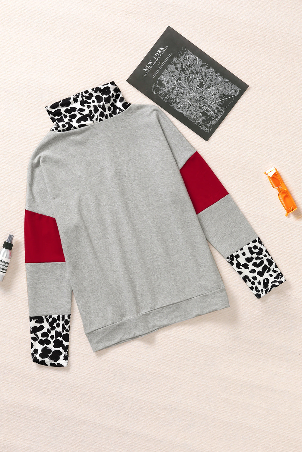 Gray sweatshirt featuring a leopard cowl neck design, drop shoulder, and splicing sleeves with animal print cuffs, perfect for casual wear.