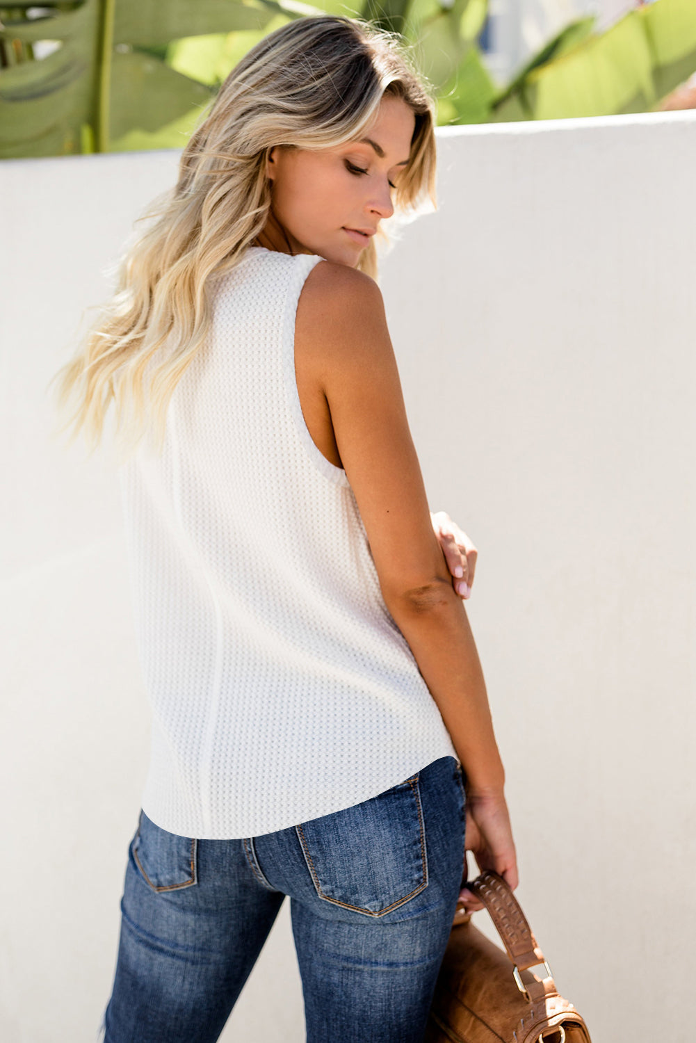 Gray Crew Neck Waffle Tank Top showcasing a stylish sleeveless design, perfect for casual wear.