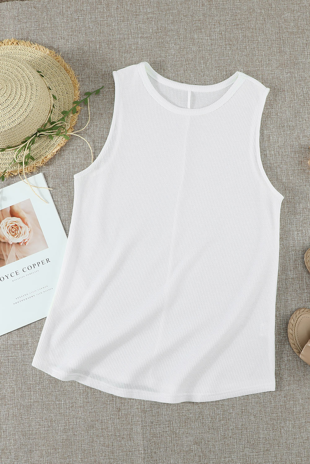 Gray Crew Neck Waffle Tank Top showcasing a stylish sleeveless design, perfect for casual wear.