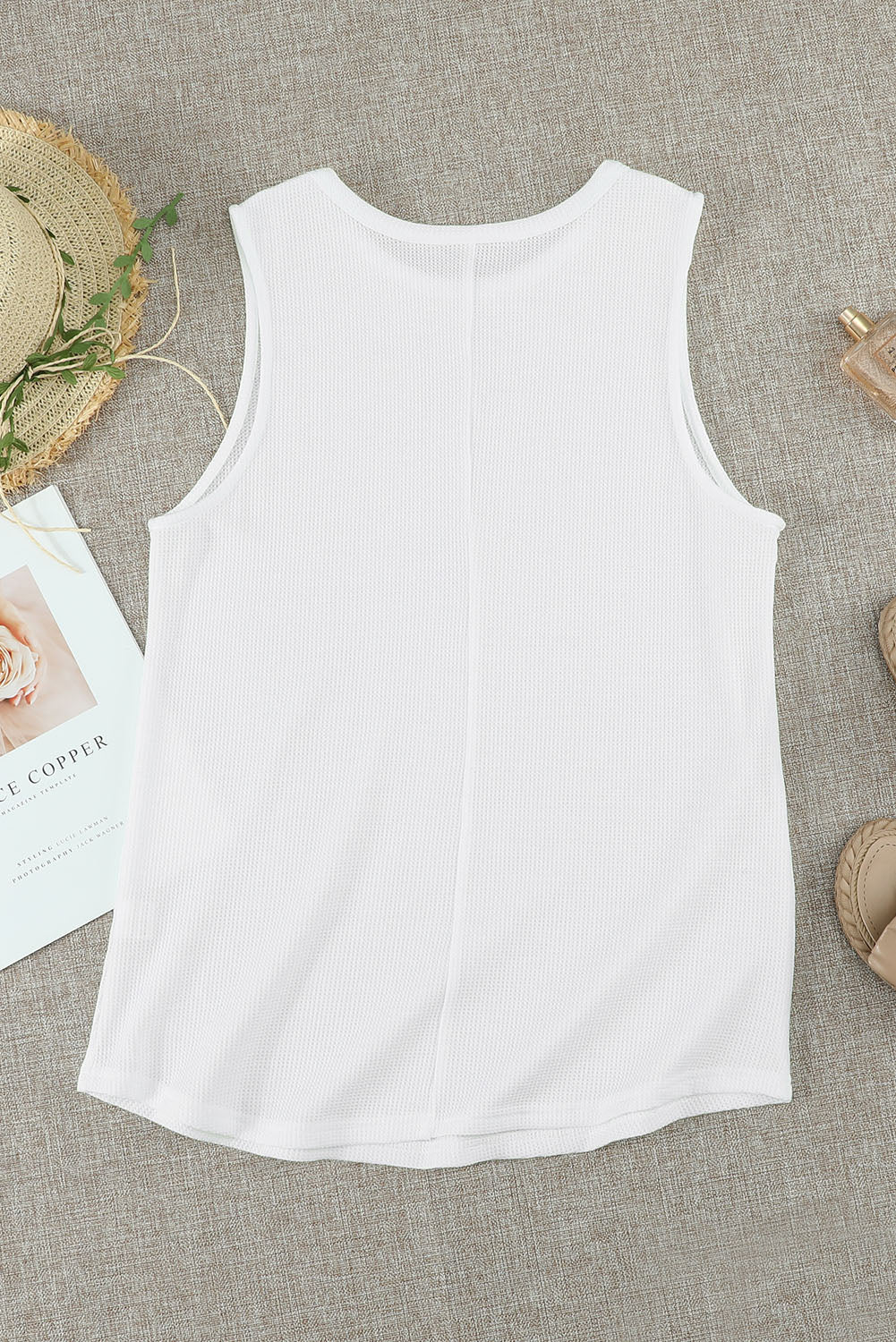 Gray Crew Neck Waffle Tank Top showcasing a stylish sleeveless design, perfect for casual wear.