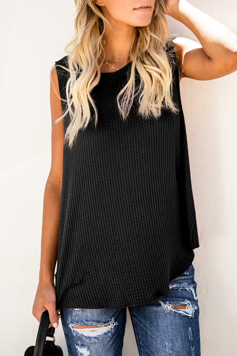 Gray Crew Neck Waffle Tank Top showcasing a stylish sleeveless design, perfect for casual wear.