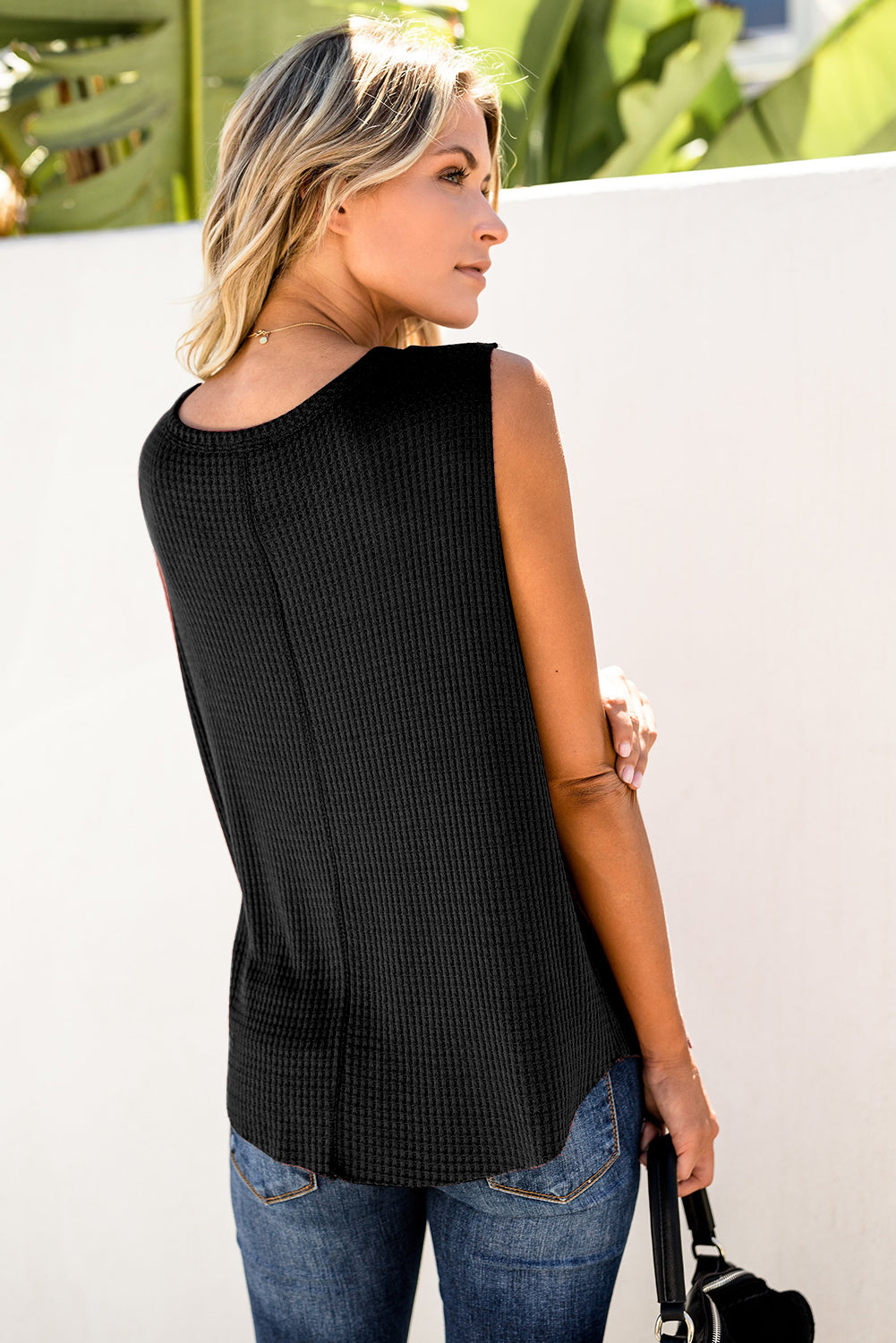 Gray Crew Neck Waffle Tank Top showcasing a stylish sleeveless design, perfect for casual wear.