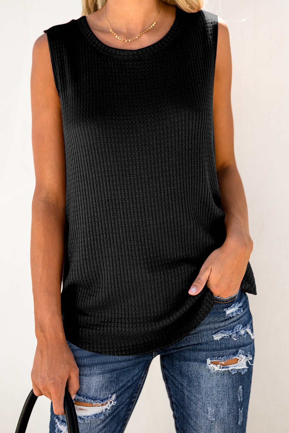 Gray Crew Neck Waffle Tank Top showcasing a stylish sleeveless design, perfect for casual wear.