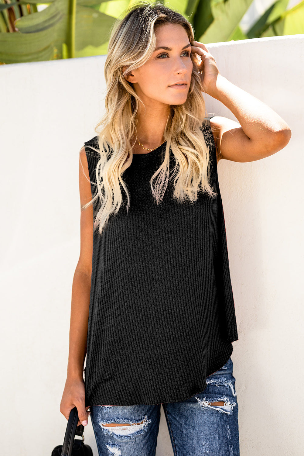 Gray Crew Neck Waffle Tank Top showcasing a stylish sleeveless design, perfect for casual wear.