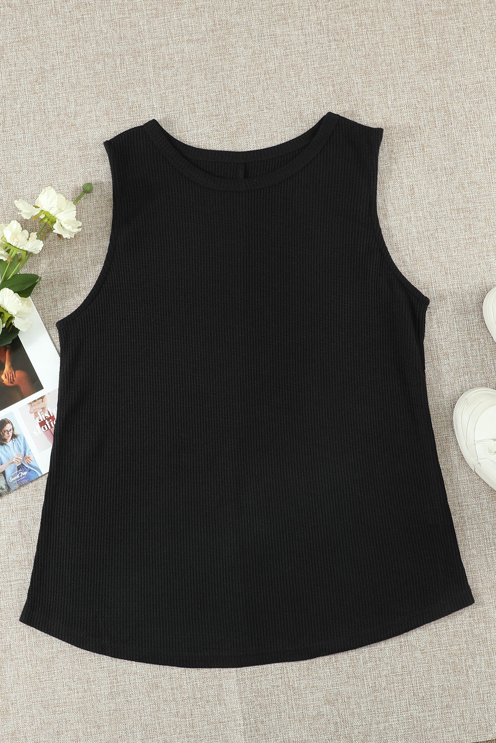 Gray Crew Neck Waffle Tank Top showcasing a stylish sleeveless design, perfect for casual wear.