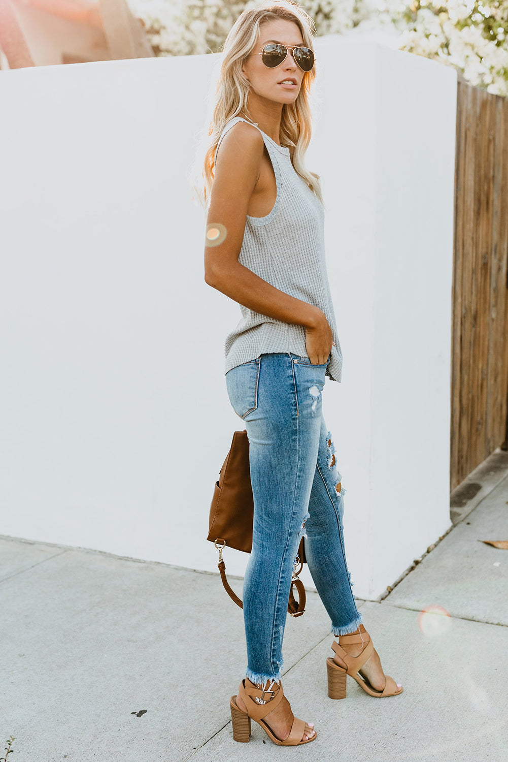 Gray Crew Neck Waffle Tank Top showcasing a stylish sleeveless design, perfect for casual wear.