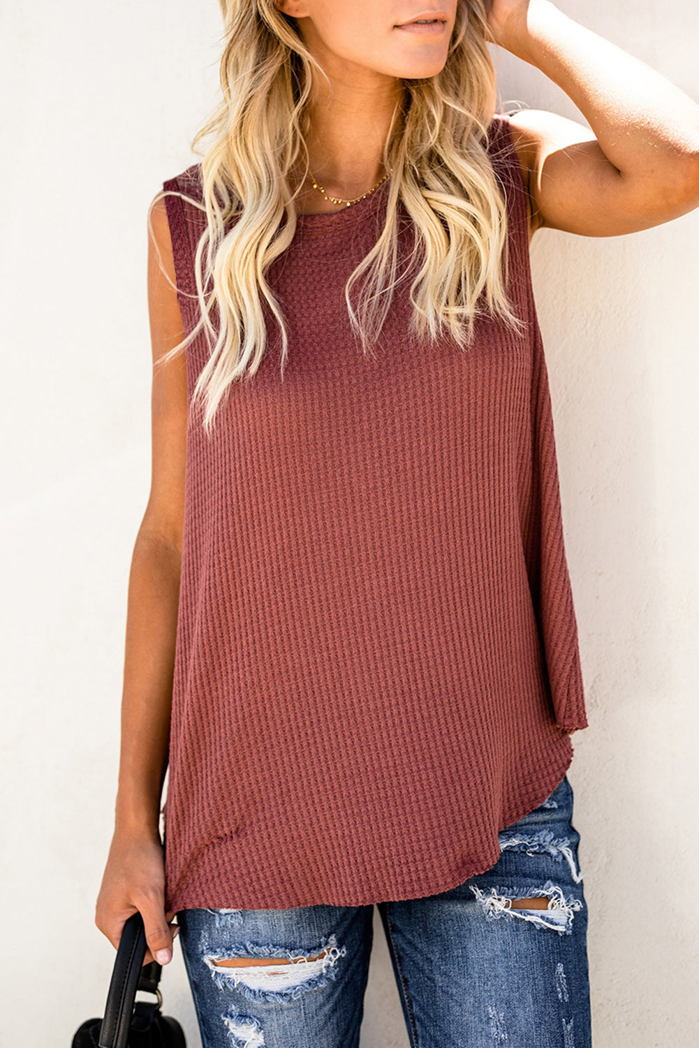 Gray Crew Neck Waffle Tank Top showcasing a stylish sleeveless design, perfect for casual wear.