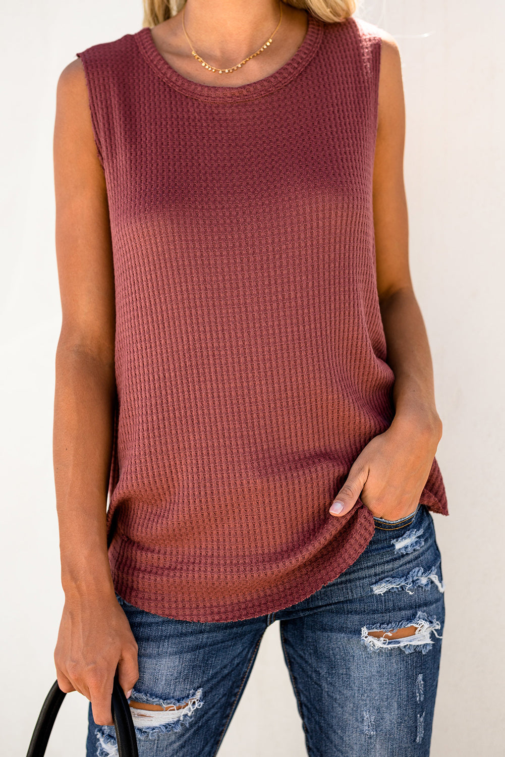 Gray Crew Neck Waffle Tank Top showcasing a stylish sleeveless design, perfect for casual wear.