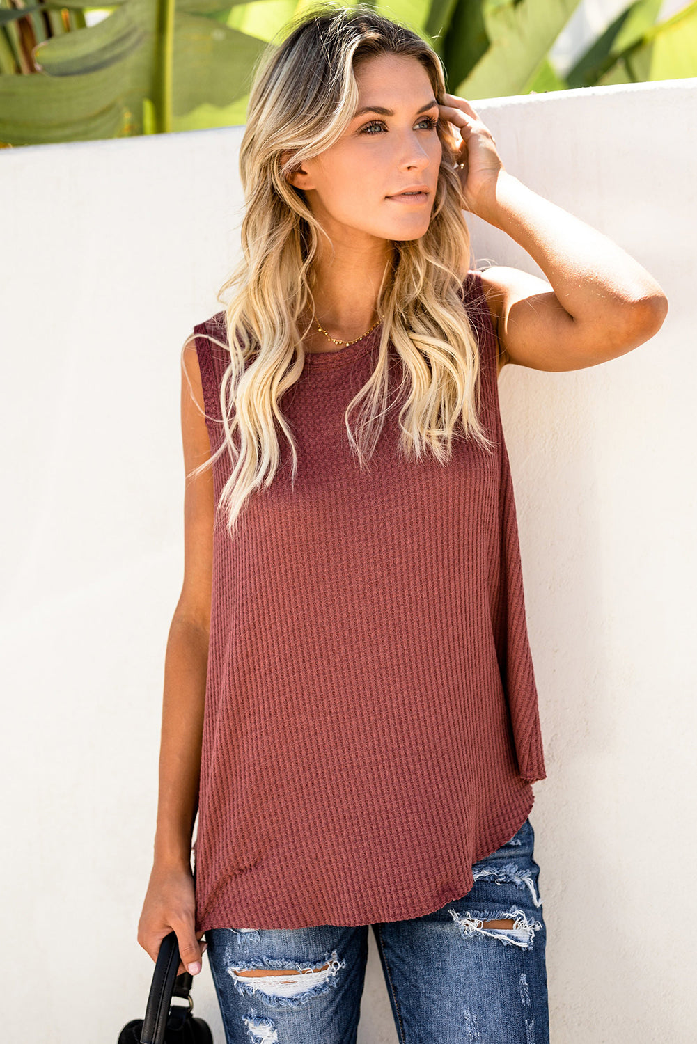 Gray Crew Neck Waffle Tank Top showcasing a stylish sleeveless design, perfect for casual wear.