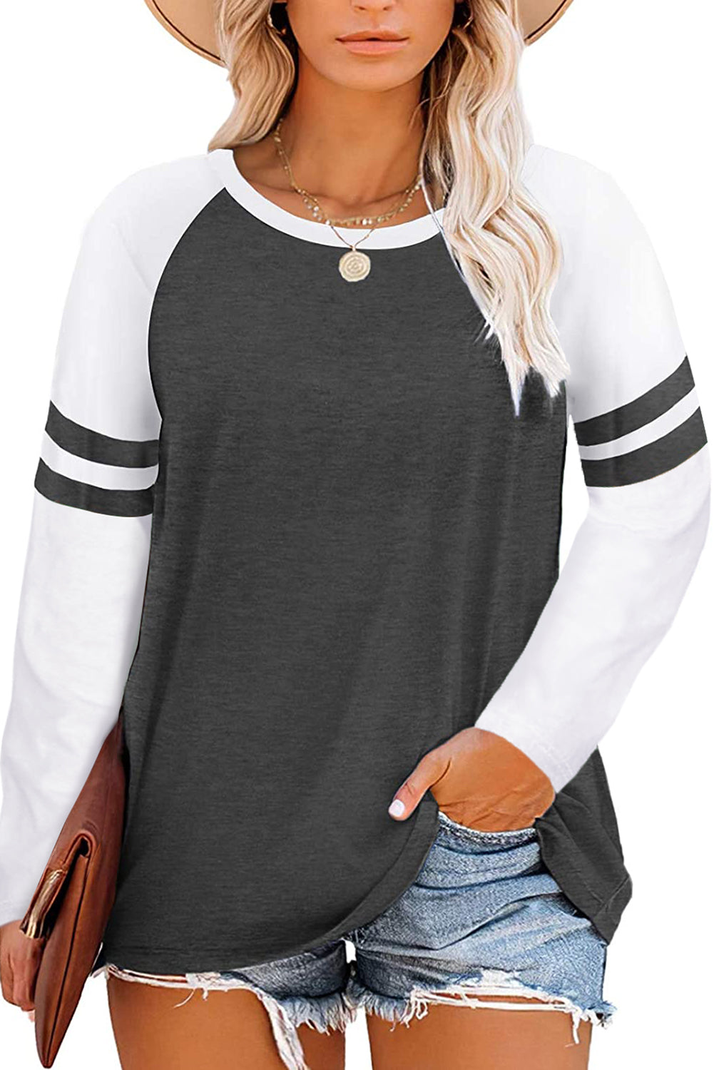 Gray crewneck top featuring striped splicing sleeves, designed for plus size women, showcasing a stylish patchwork design.